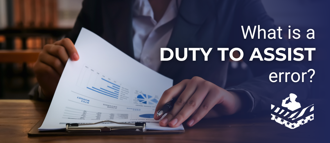 A person in business attire holds a clipboard with charts and graphs; text reads “What is a DUTY TO ASSIST error?” with a Veteran Ratings icon in the corner.