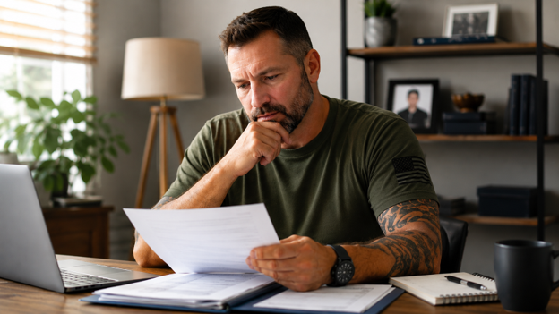 Veteran reviewing disability claim paperwork at a desk in a home office, representing the process of evaluating eligibility for TDIU versus a 100% VA disability rating.